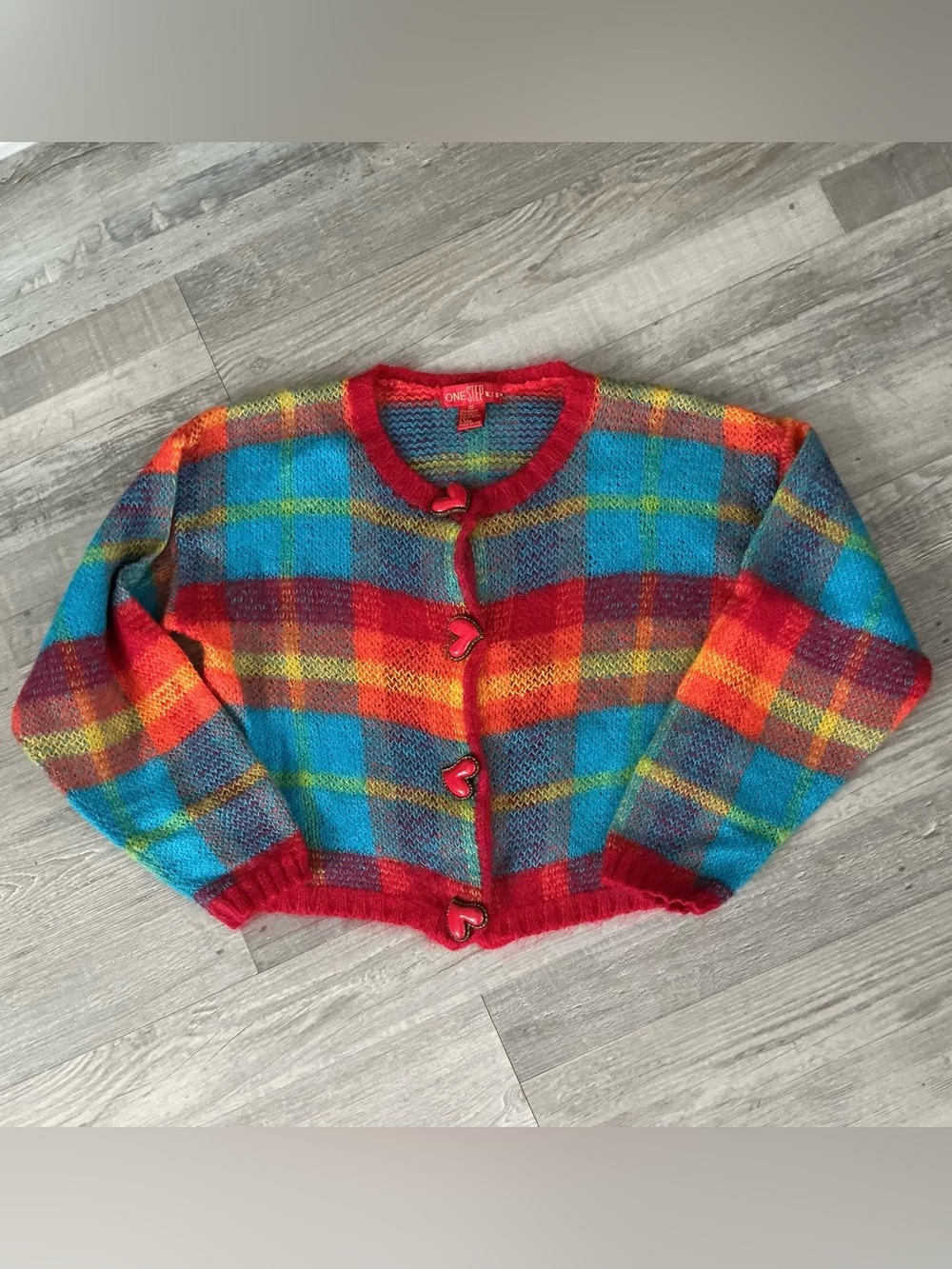 One step up vintage 1990s plaid fuzzy mohair-blend cardigan